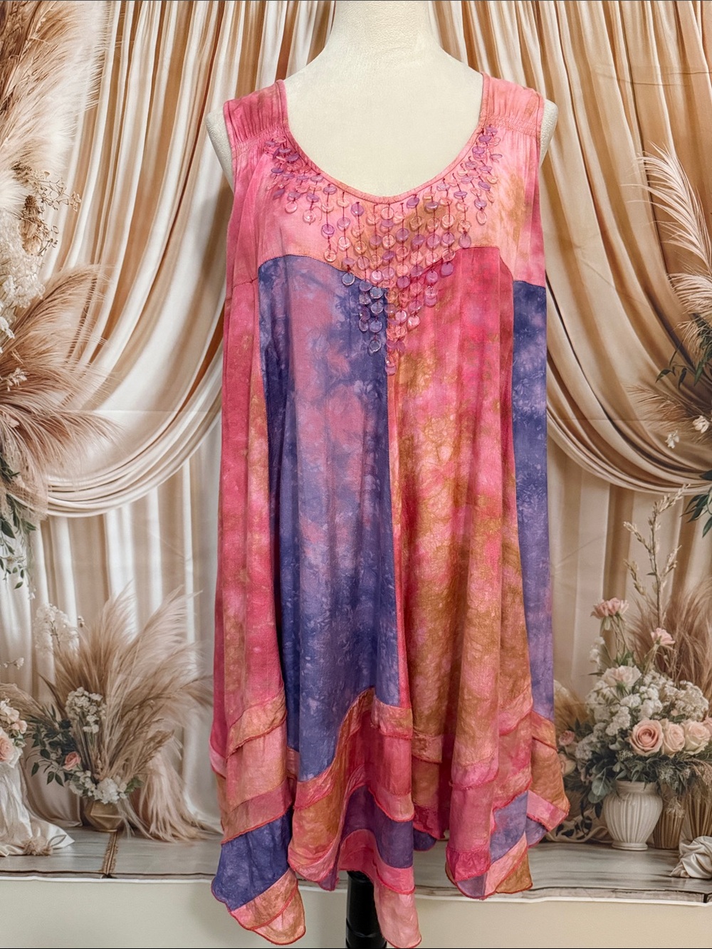 Denim 24/7 Pink, Purple & Gold Watercolor Tie-Dye Sleeveless Midi Dress